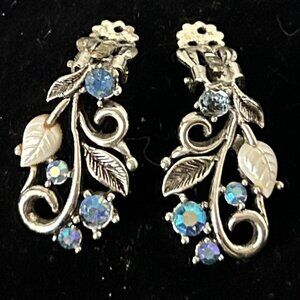 Vintage Silver Tone and Blue Rhinestone Clip Earrings